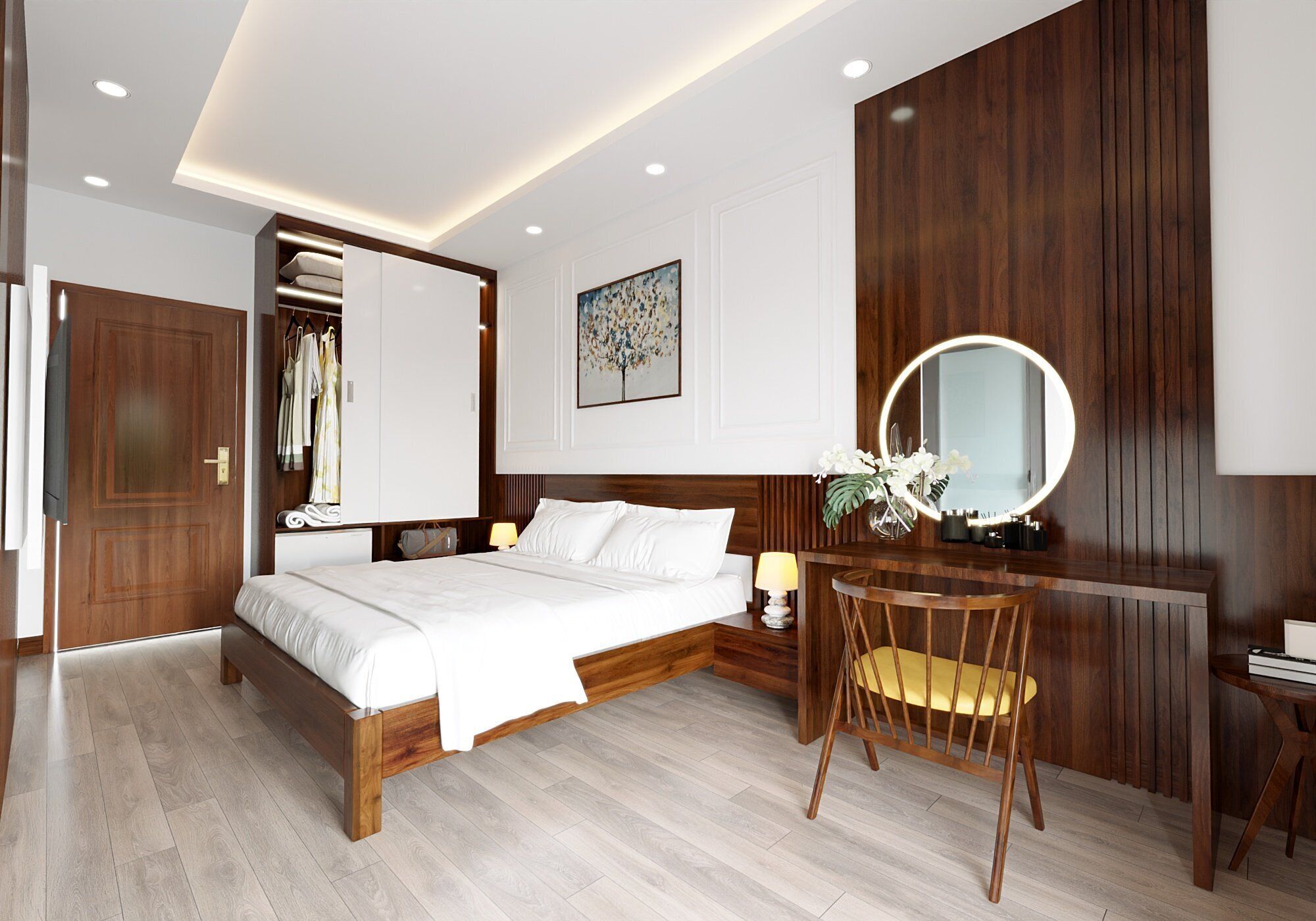 A modern bedroom with a large bed, bedside tables, a desk with a chair, a mirror, and a wardrobe.