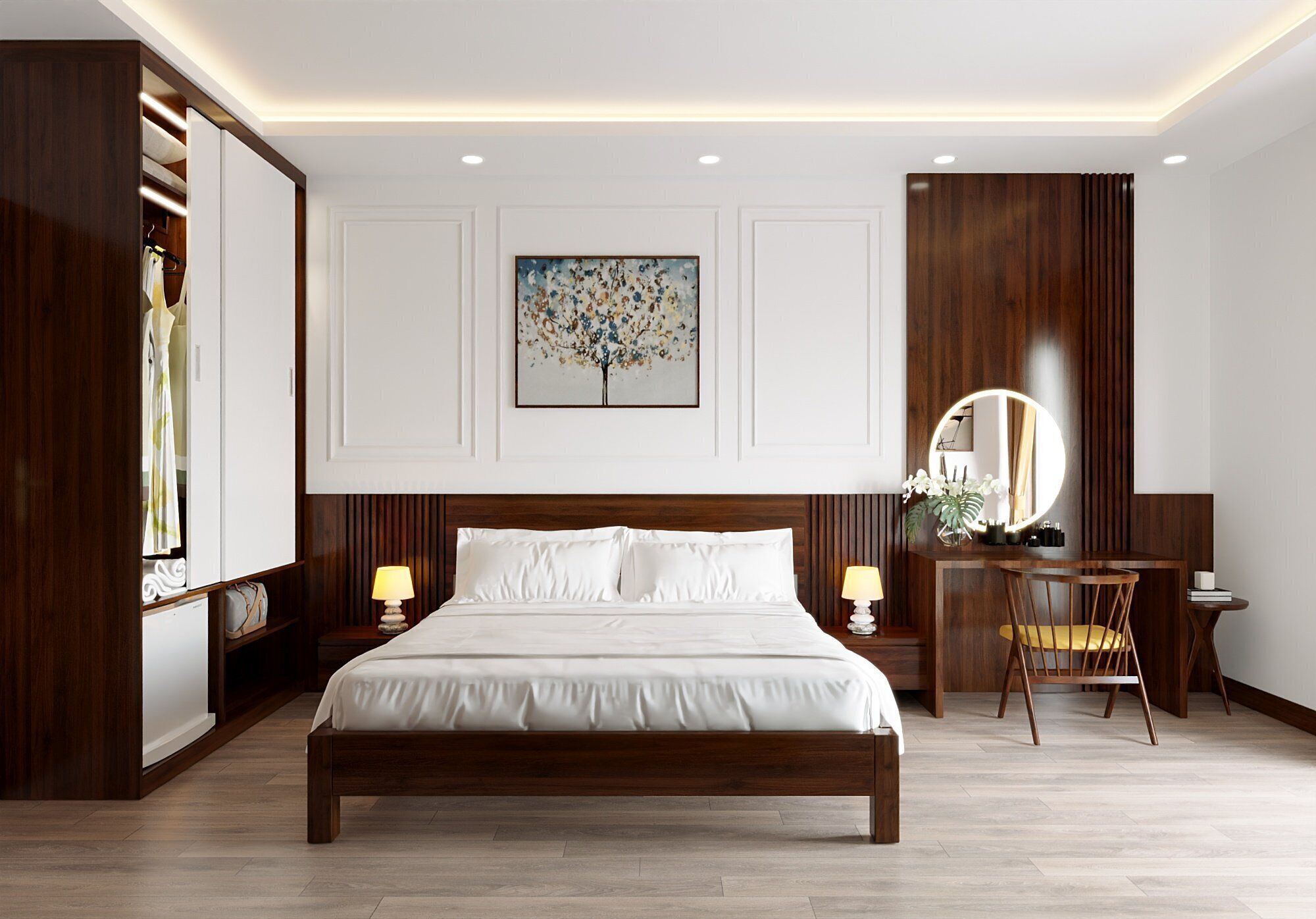 A modern bedroom with a large bed, bedside lamps, a wooden desk, and a wall-mounted mirror.