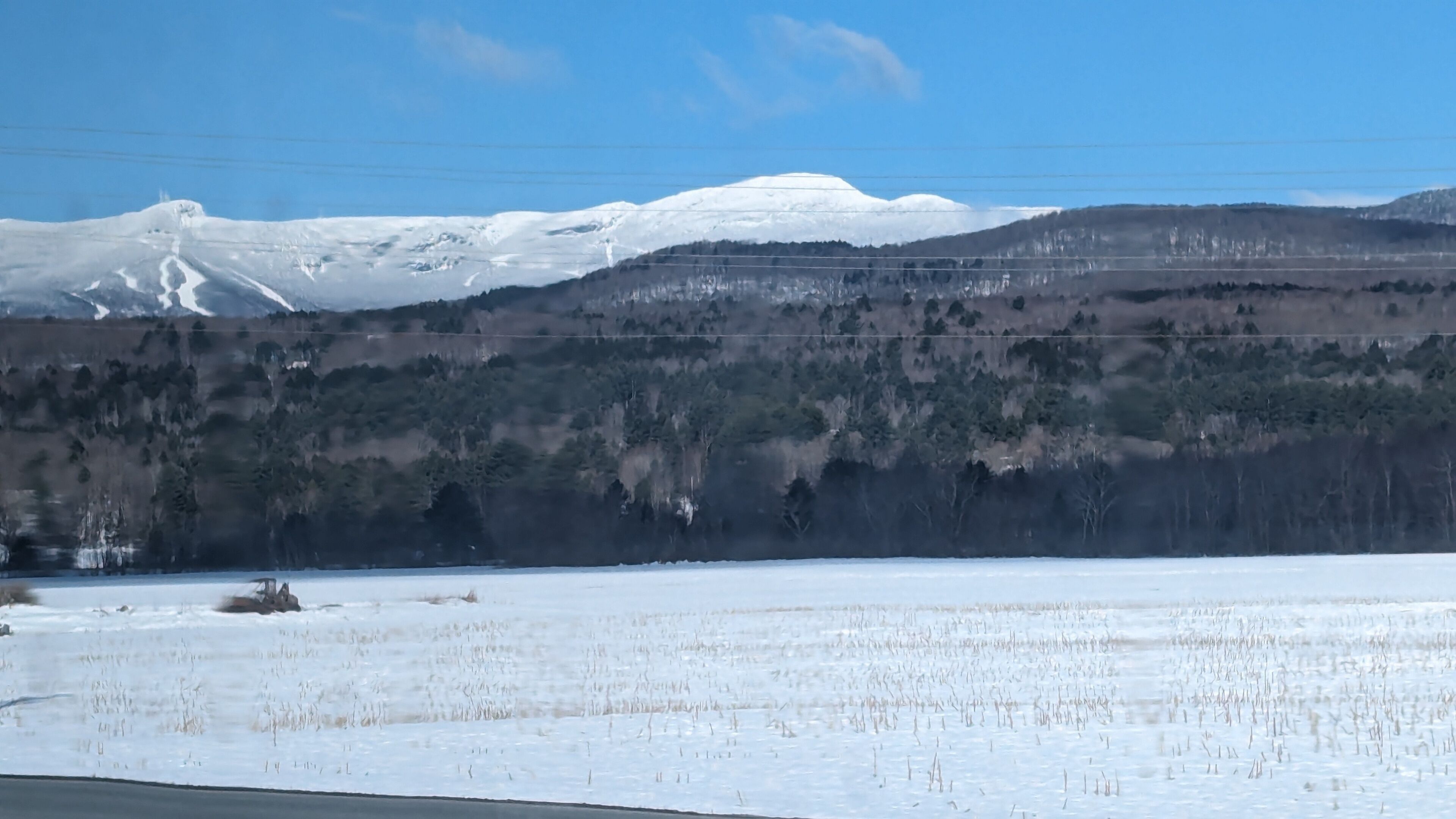 Ett snötäckt landskap med ett berg i bakgrunden, ett skogsområde och en klar himmel.