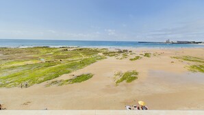 Ein Strand mit einem Pier in der Ferne, blauem Himmel und etwas Grün am Sand.
