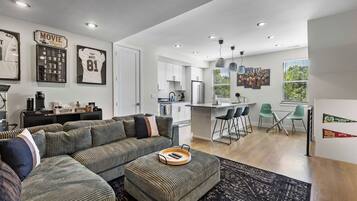 TV connectée, cheminée, lecteur de DVD, chaîne hi-fi