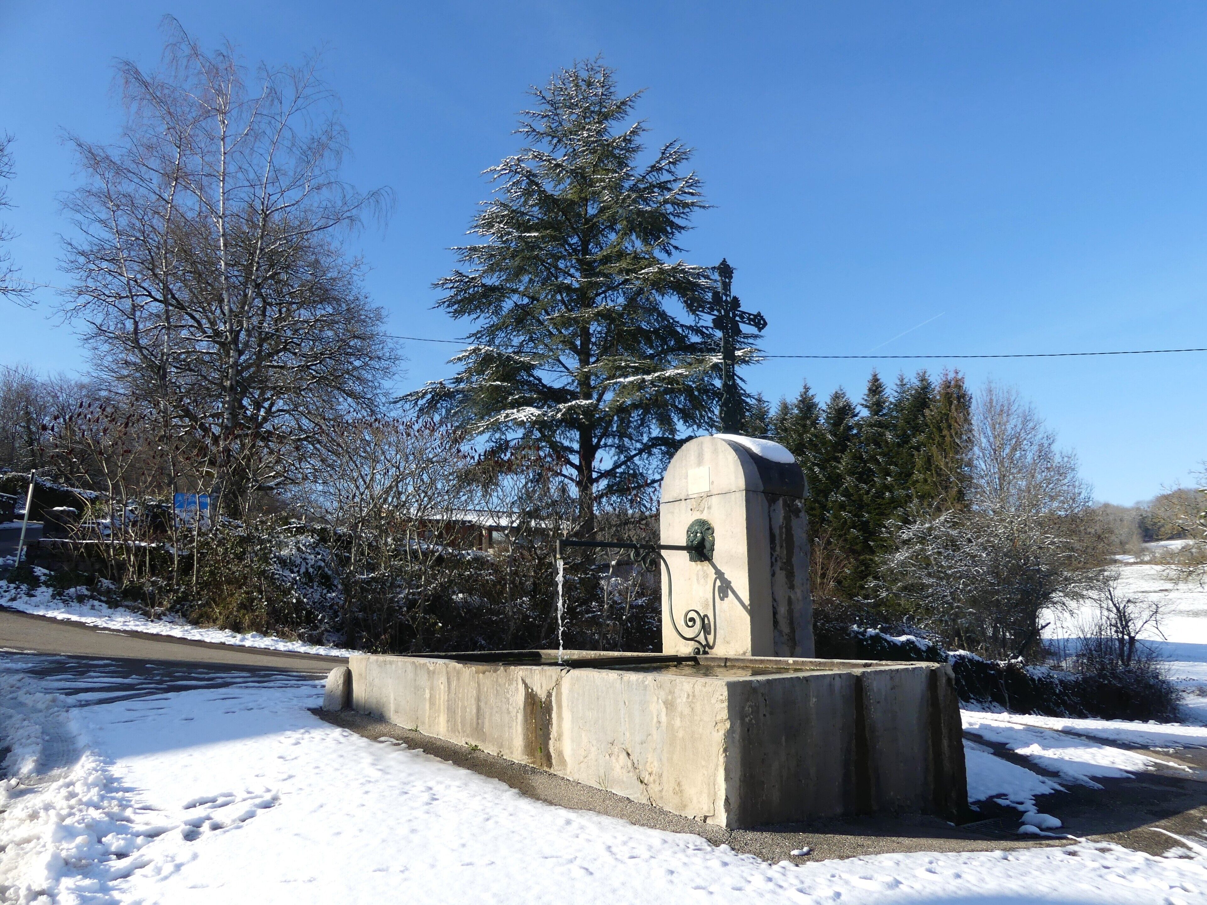 Eine Betonkonstruktion mit Wasserspeier, umgeben von schneebedecktem Boden und Bäumen.