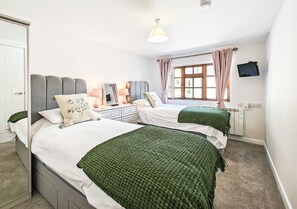 Two beds are dressed in green blankets, surrounded by a minimalist design featuring a flat-screen TV and a radiator.