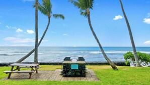 A picnic area with a grill and benches overlooking the ocean.