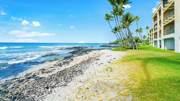 A beach with a rocky shoreline, palm trees, and a building with balconies.