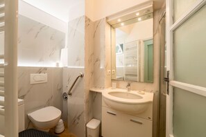 Shower, hair dryer, bidet, towels