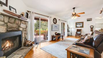 Smart TV, fireplace, books