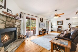 Smart TV, fireplace, books