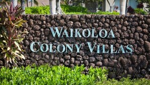 A sign for Waikoloa Colony Villas with a stone wall background and greenery. - Includes Beach Gear!  2404 Waikoloa Colony Villas (Waikoloa Beach Resort)