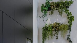 Une cuisine moderne avec des meubles de couleur sombre, un plan de travail noir et une cuisinière intégrée.