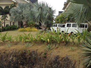 A white van parked in a landscaped area with various plants and a building in the background. - Paradise Apartment in Malay, Boracay, Philippines (Boracay Island)
