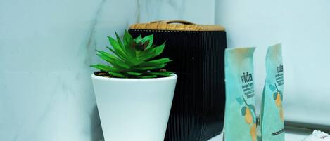 A potted plant, a black bag, and two packets of shampoo on a white surface.