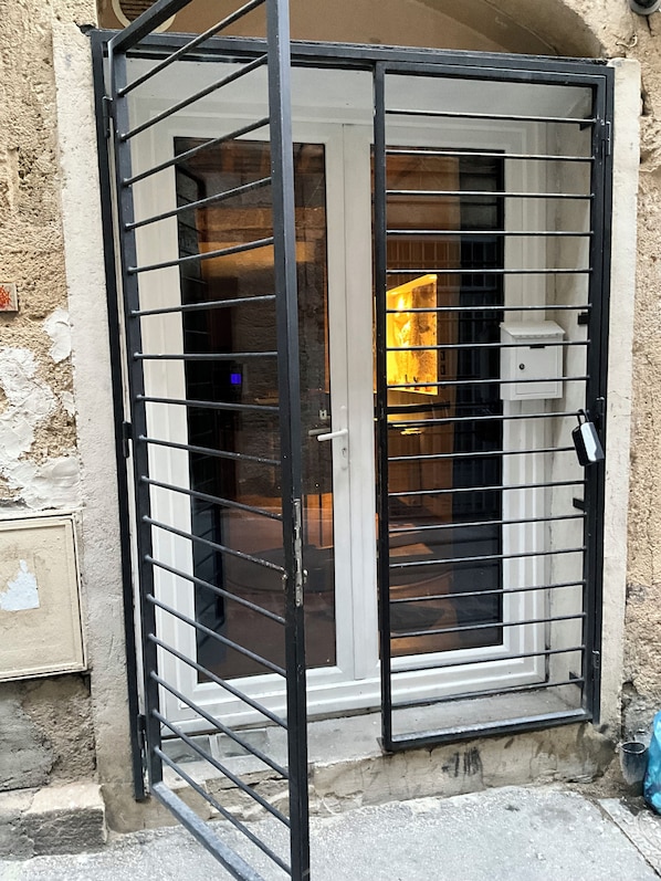 A metal gate with a white door, a small window, and a utility box on the wall.