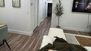 Una sala de estar moderna con una televisión de pantalla plana, un sofá, una mesa de centro, una planta y un pasillo que lleva a una puerta.