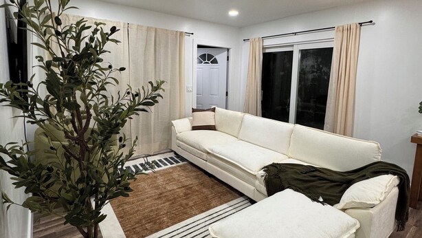 Una sala de estar moderna con un sofá, un reposapiés y una planta en maceta.