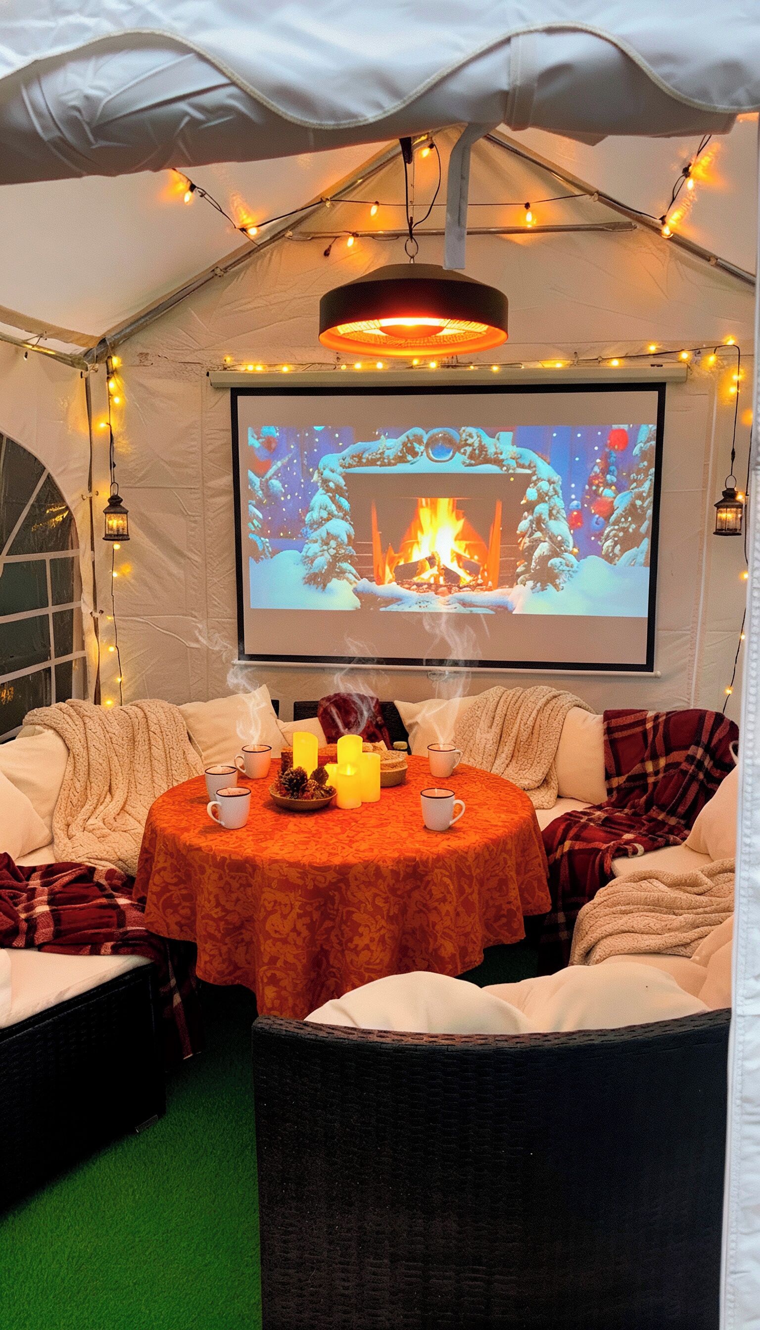 A cozy indoor setting with a fireplace, a table with candles and mugs, and a screen displaying a winter scene.