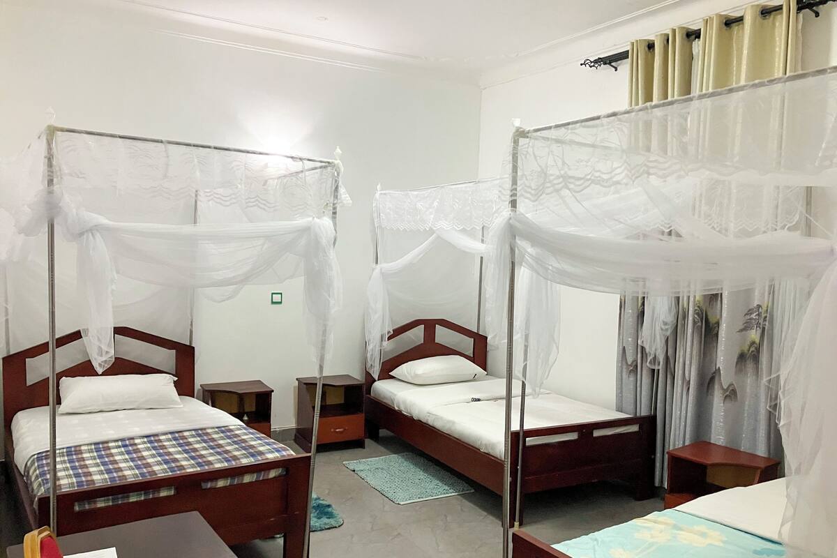 A room with two single beds, each with a canopy. There are bedside tables, a small desk, and a chair.