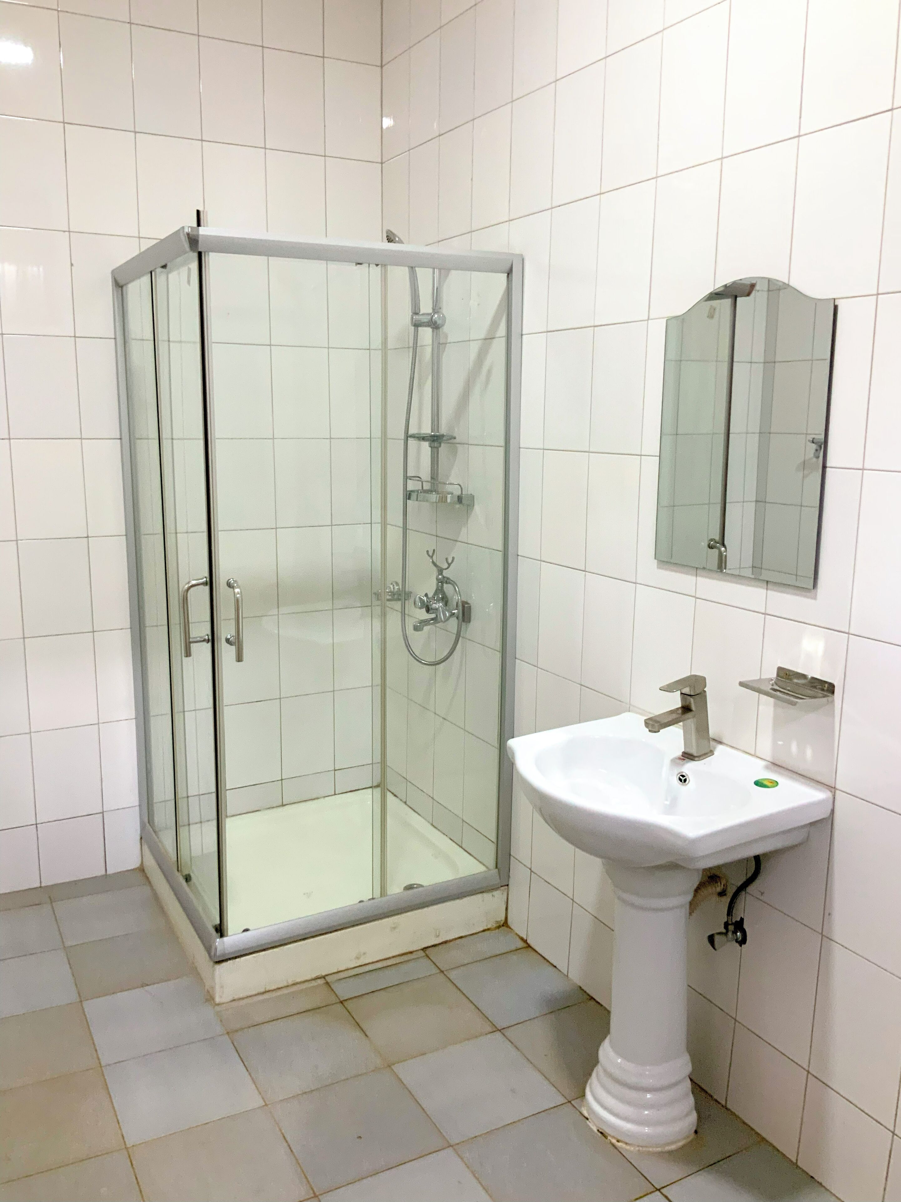 A bathroom with a glass-enclosed shower, a pedestal sink, and a mirror above the sink.