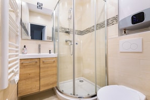 Shower, hair dryer, towels, soap