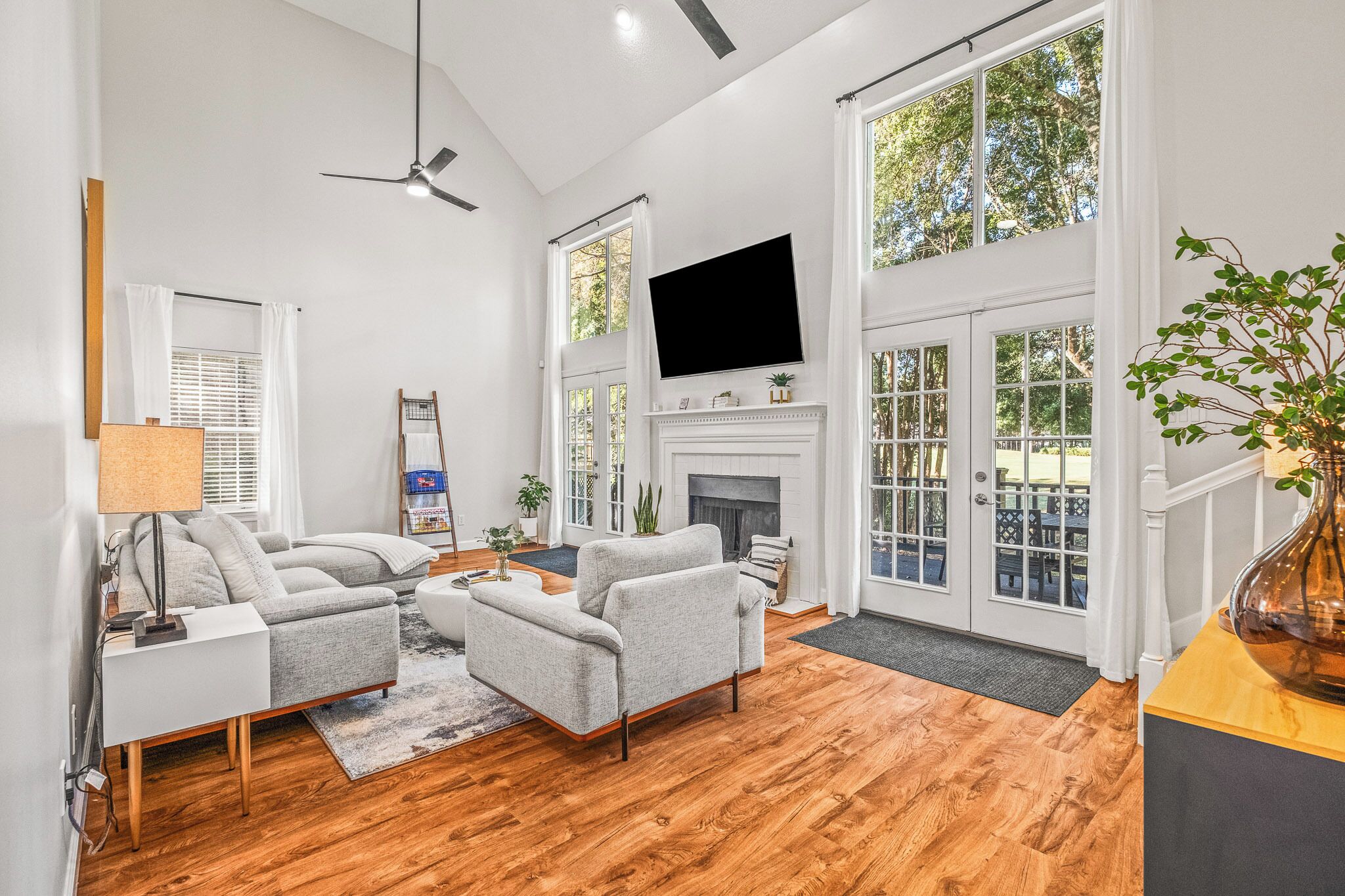 Smart TV, fireplace, books