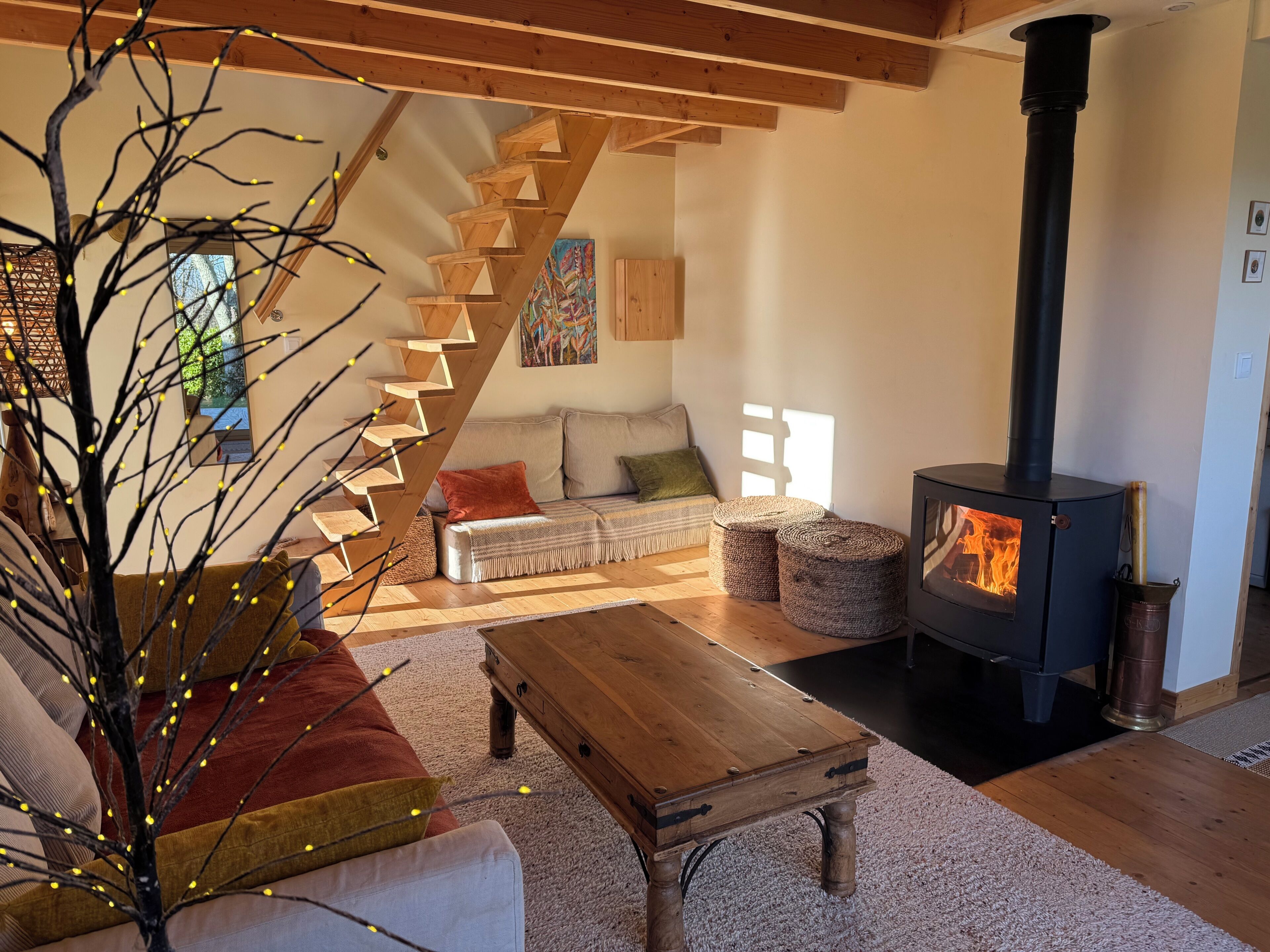 Televisión, chimenea, libros, estéreo