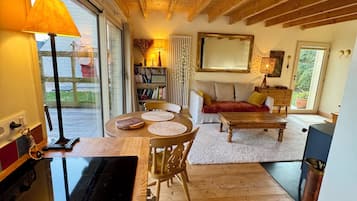 Televisión, chimenea, libros, estéreo