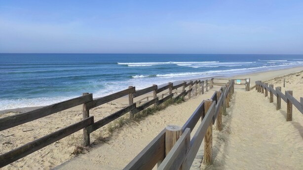 Un paseo marítimo de madera que lleva a una playa de arena, con el océano al fondo.