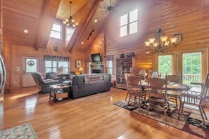 TV, fireplace, books
