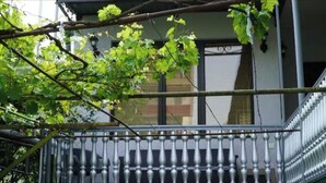 Un balcon doté d’une rambarde en métal et offrant une vue sur un immeuble avec des fenêtres et une porte.