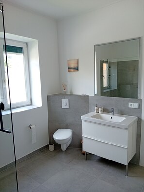 Douche, sèche-cheveux, serviettes fournies, savon