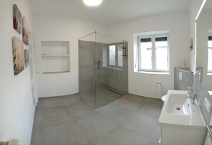 Douche, séchoir à cheveux, serviettes fournies, savon