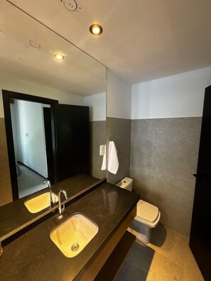 Shower, hair dryer, towels, toilet paper