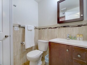 Hair dryer, towels, soap, toilet paper