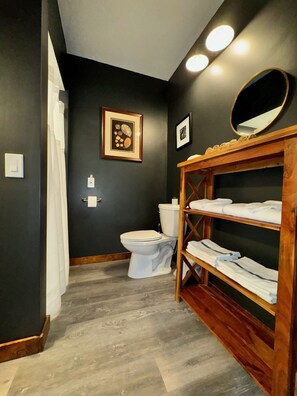 Douche, sèche-cheveux, serviettes fournies