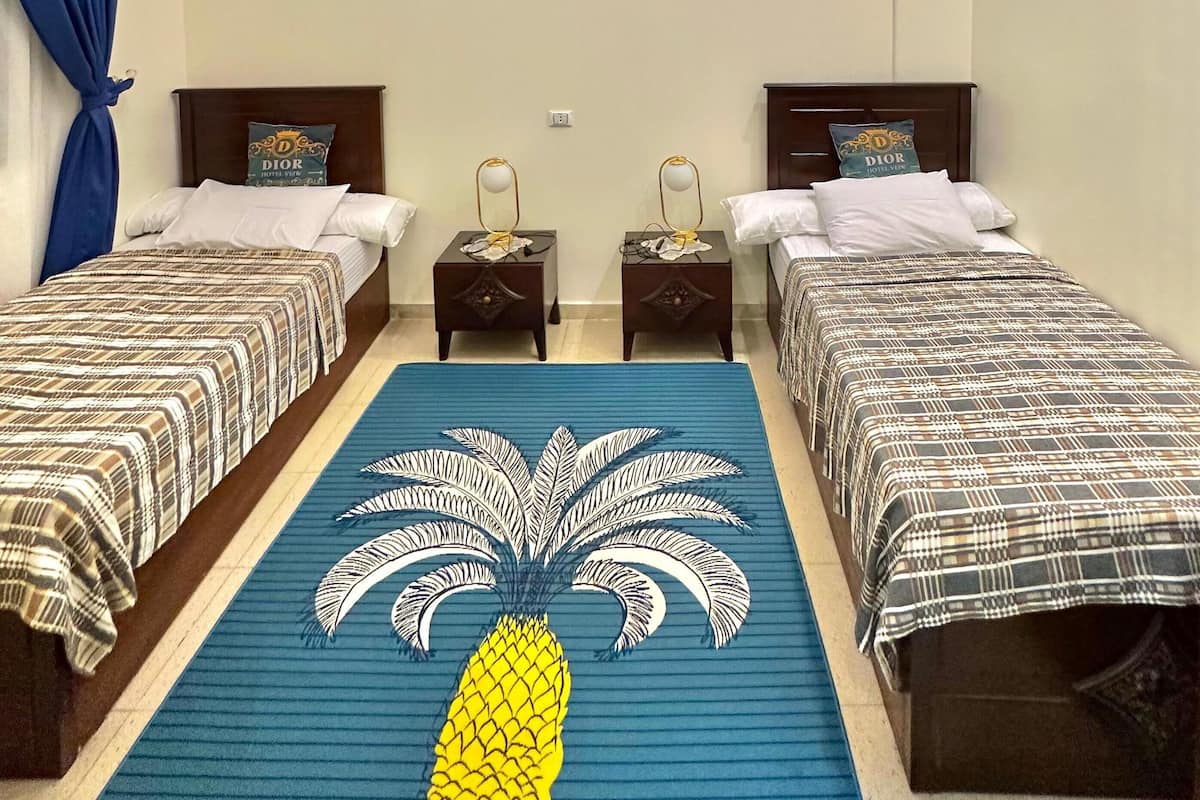 Habitación de hotel con dos camas, un tapete azul estampado y una lámpara en el techo.