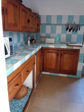 Fridge, microwave, oven, cookware/dishes/utensils