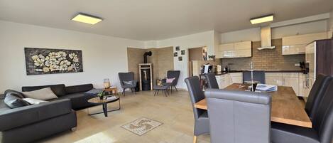 Smart TV, fireplace, books