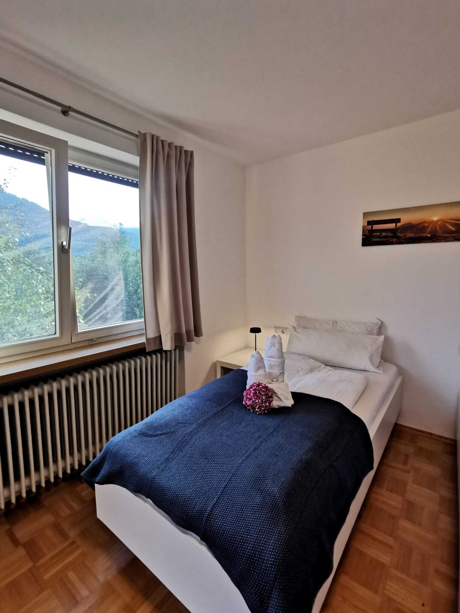 A bedroom with a bed, a window, a radiator, and a painting on the wall.