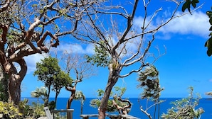A wooden deck with benches overlooking a coastal view. - Luxurious Villa w/ Stunning Ocean Views & Pool (St. Thomas)