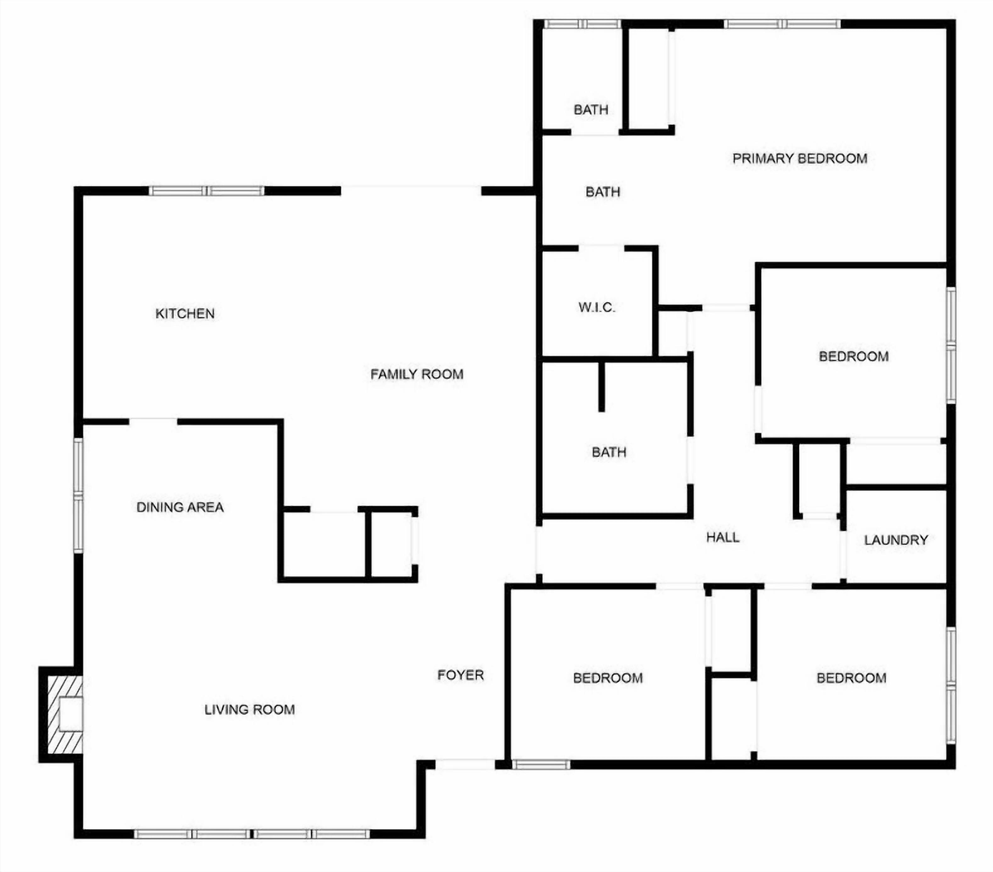 A floor plan with a kitchen, dining area, living room, family room, foyer, primary bedroom, secondary bedrooms, bathroom, W.C., and laundry.