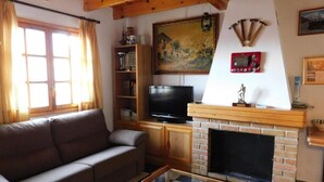 A living room with a sofa, television, fireplace, bookshelf, and a painting on the wall. - Holiday Home 'La Casa De Luis' with Mountain Views, Private Terrace and Wi-Fi (Castiello De Jaca)