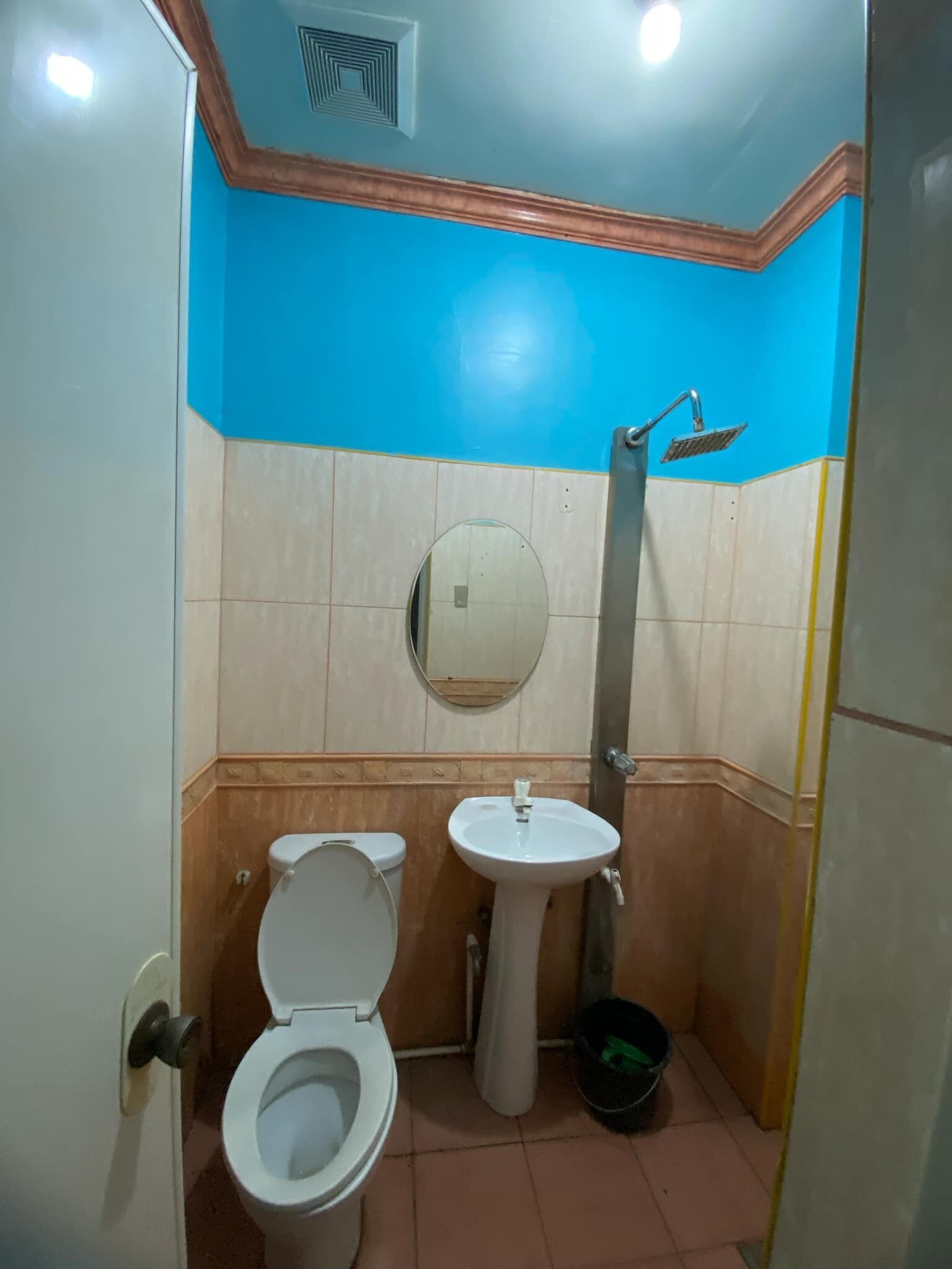Et lille badeværelse med toilet, håndvask og brusebad.