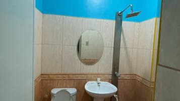 Et lille badeværelse med toilet, håndvask og brusebad.