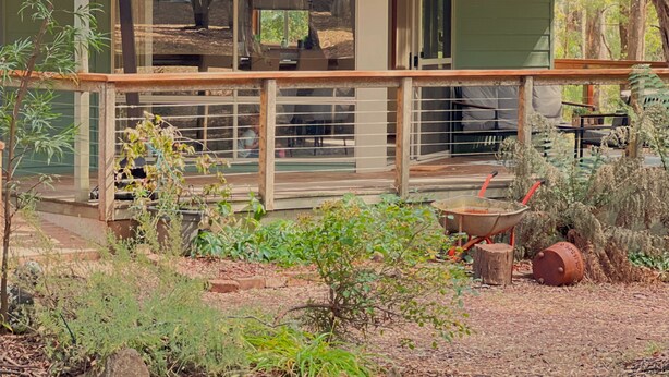 Une maison moderne dotée de grandes fenêtres, d’une terrasse et d’un jardin.