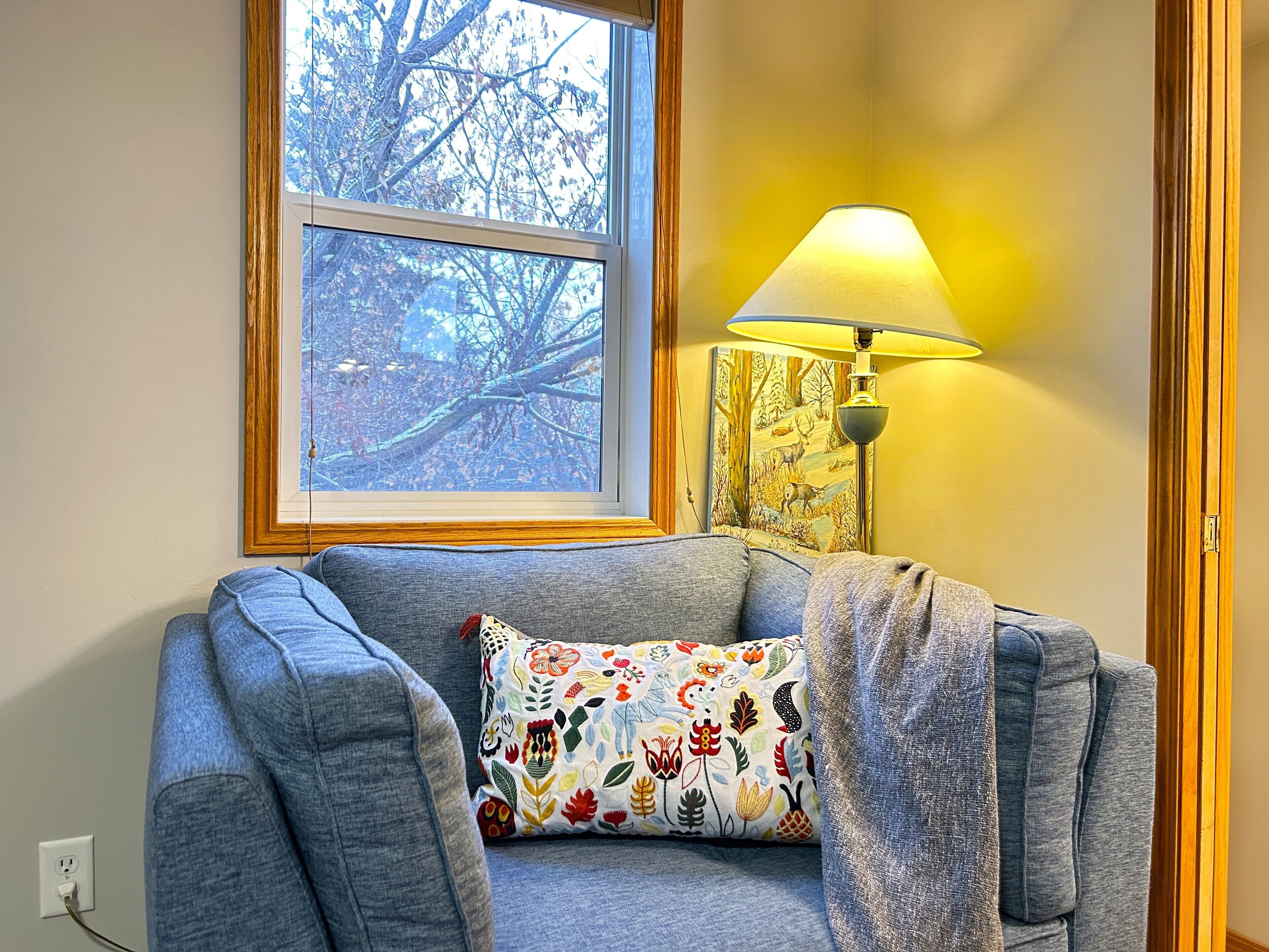 Une pièce avec un canapé gris, un coussin à motifs floraux aux couleurs vives, une lampe et une fenêtre donnant sur des arbres.