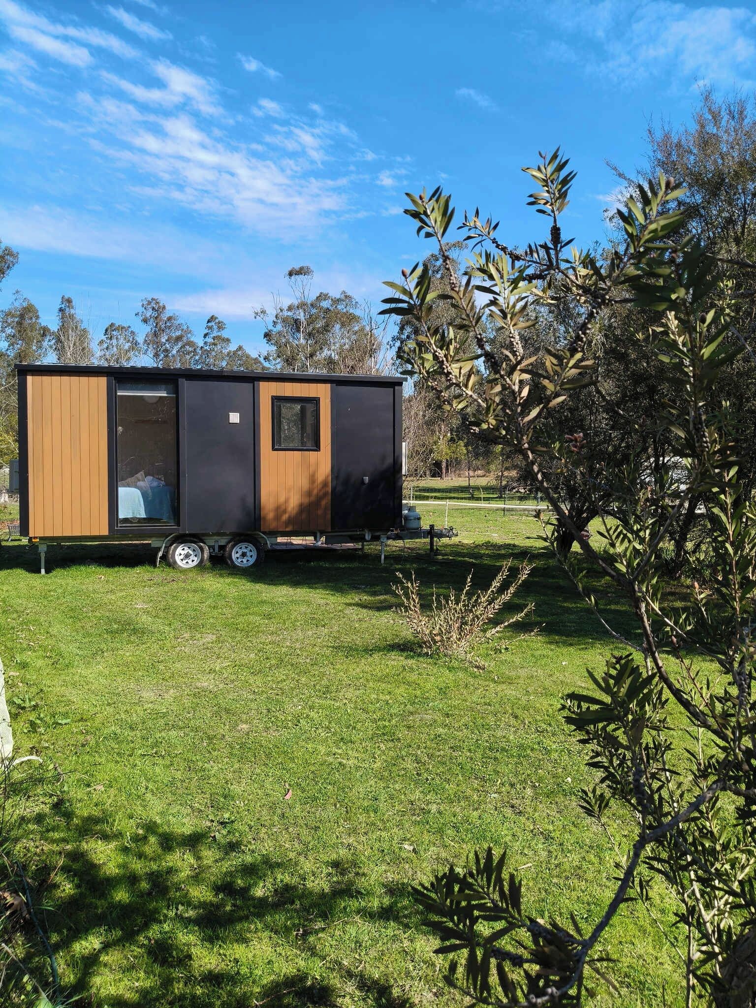 Un camper piccolo e moderno con rivestimento in legno e porta nera, parcheggiato su un prato con alberi sullo sfondo.