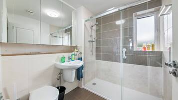 Hair dryer, towels, soap, shampoo