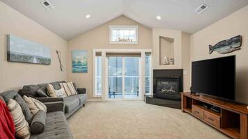 TV, fireplace, books