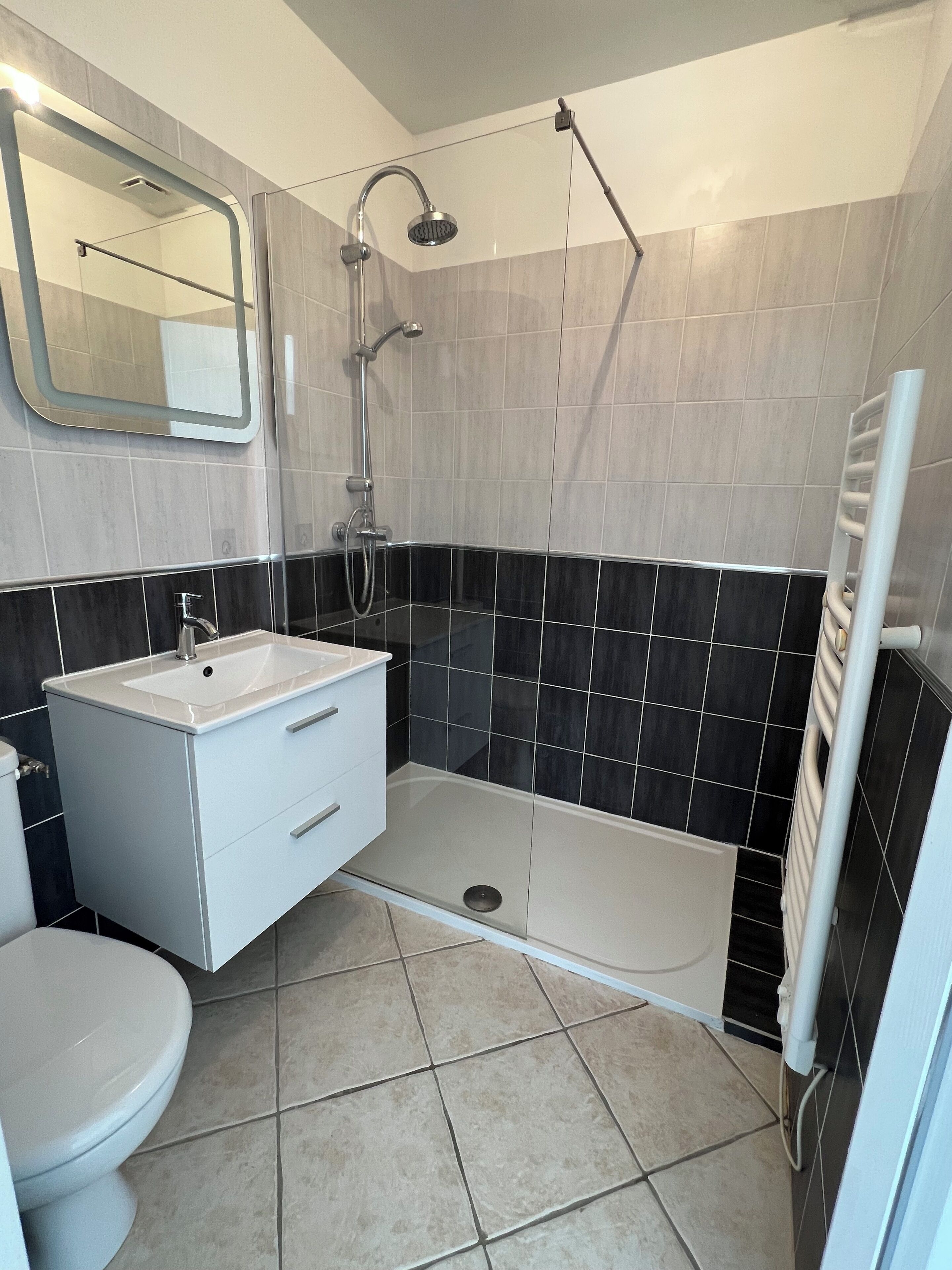 Regadera, regadera tipo lluvia, secadora de cabello, toallas 