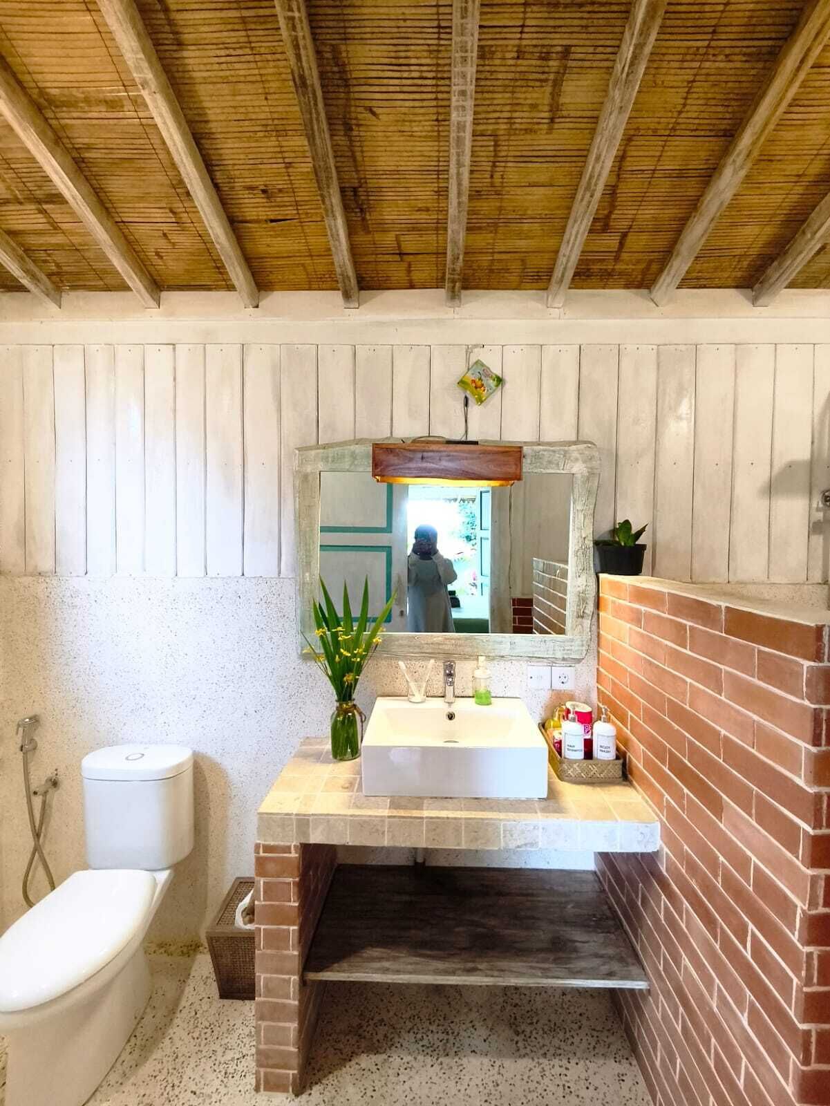 A bathroom with a wooden ceiling, a white sink, a mirror, a toilet, and a small plant.